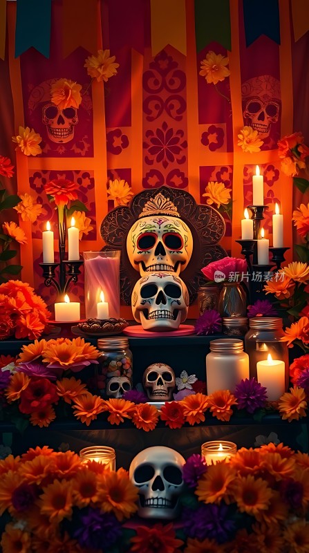 亡灵节祭坛骷髅与鲜花共舞