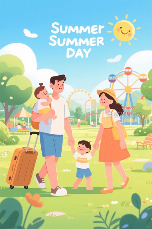夏日家庭出游插画