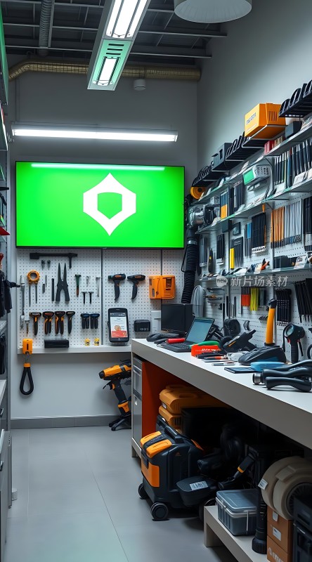 工具室一角绿屏显眼橙色设备醒目工作台整齐摆放着各种工具和设备