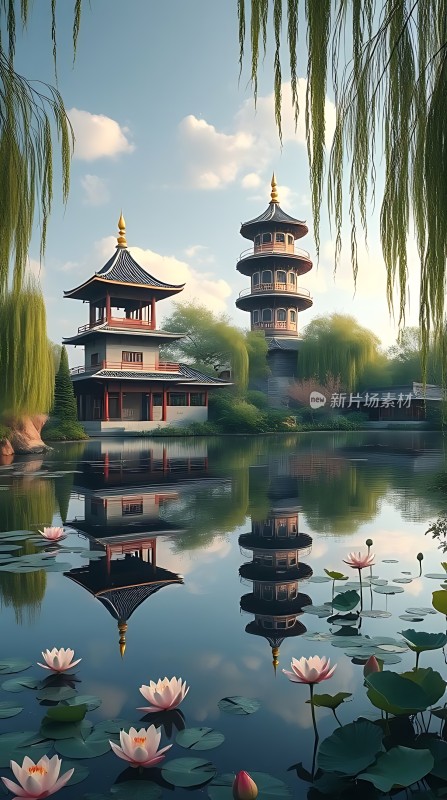 湖畔双塔映碧波