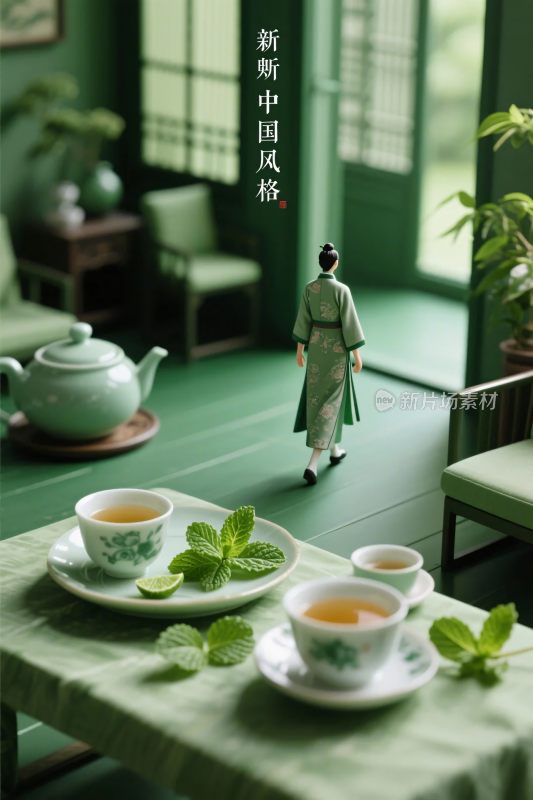 新中式风格茶室场景画面