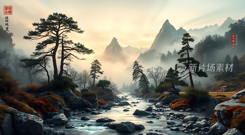 晨雾中的山间溪流