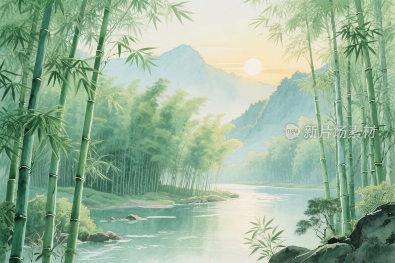 山水竹林风景插画