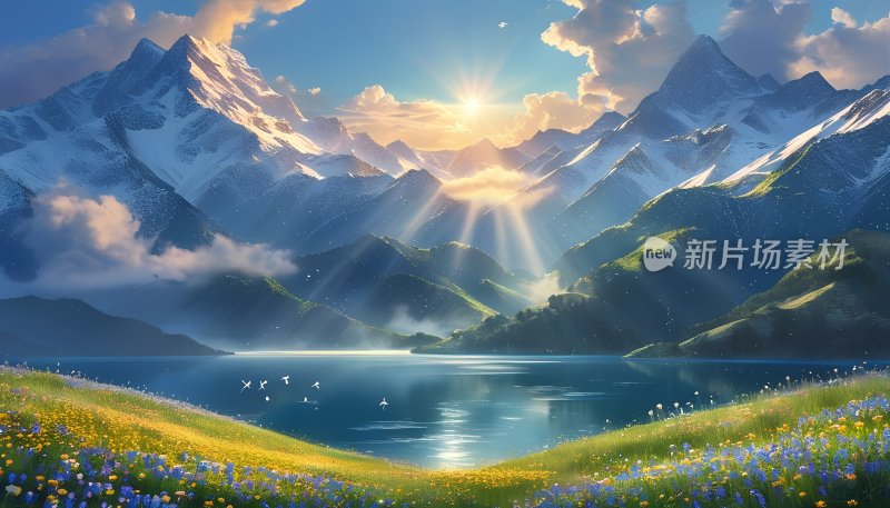 雪山下的宁静湖泊 雪山 湖泊 草地 鲜花