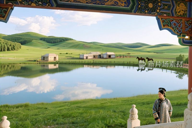 草原山水古风景画