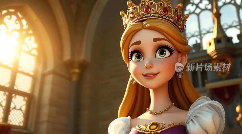 金色长发公主华丽皇冠与珠宝配饰阳光照耀下的宫殿背景