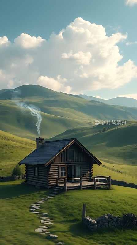 绿色山谷中的温馨木屋