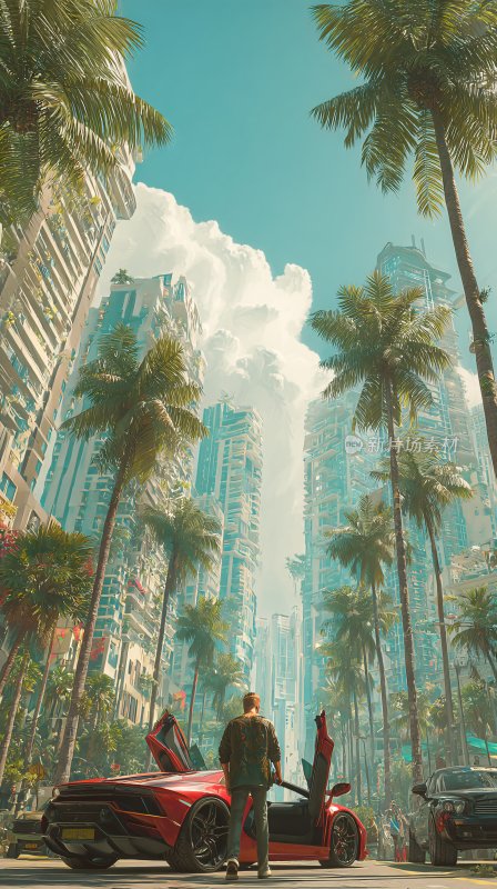 城市中男子与红色跑车画面