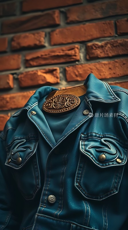 蓝色皮衣配红砖墙时尚与复古碰撞