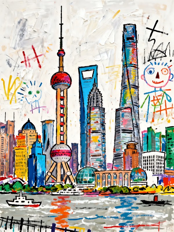 上海天际线彩色绘画