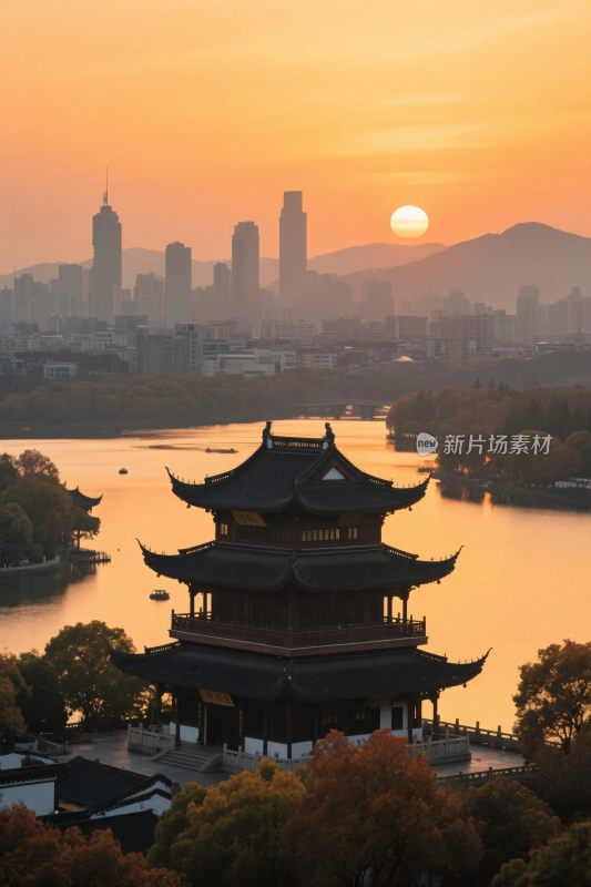 古塔城市湖景风光