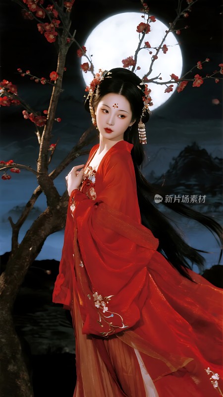 红色汉服佳人月下赏花