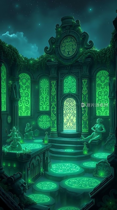 绿色光芒下的神秘宫殿