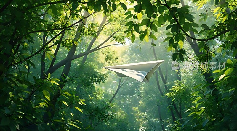 阳光下的纸飞机在森林中飞翔