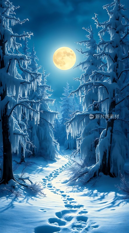 雪夜月下林间小径