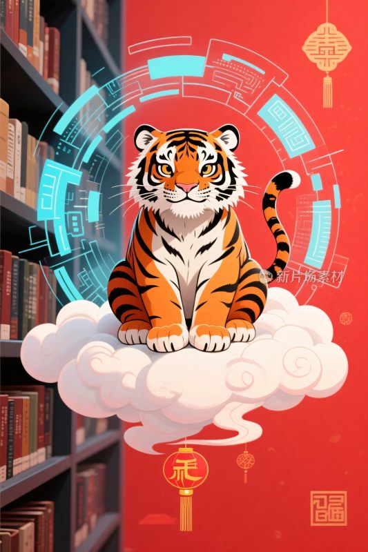 老虎云朵插画图