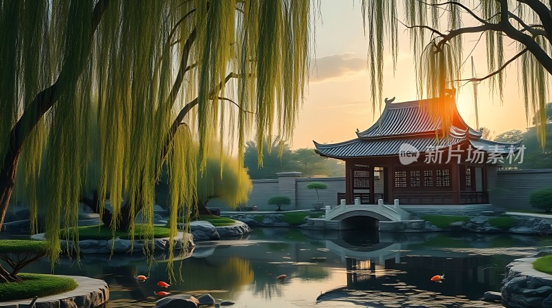 古亭垂柳映湖光