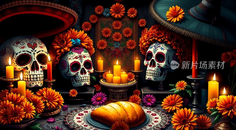 亡灵节祭坛骷髅与鲜花共舞