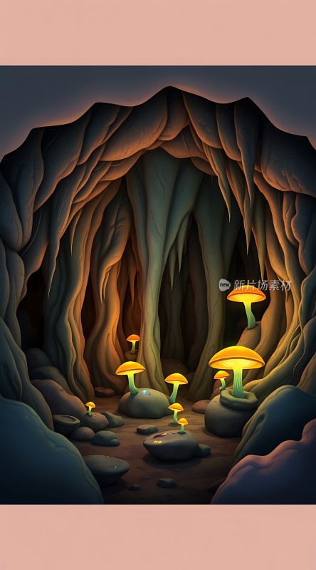 神秘洞穴中的发光蘑菇