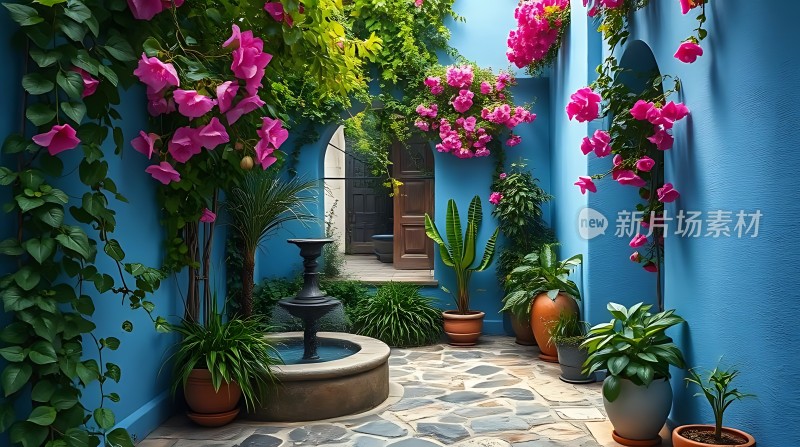 蓝色小院繁花似锦绿意盎然