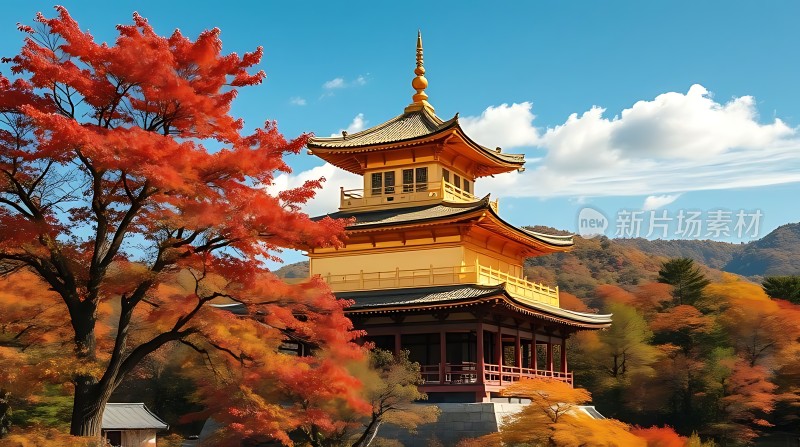 秋日古塔映红枫