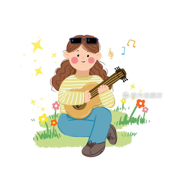 女孩草地弹吉他的美好瞬间