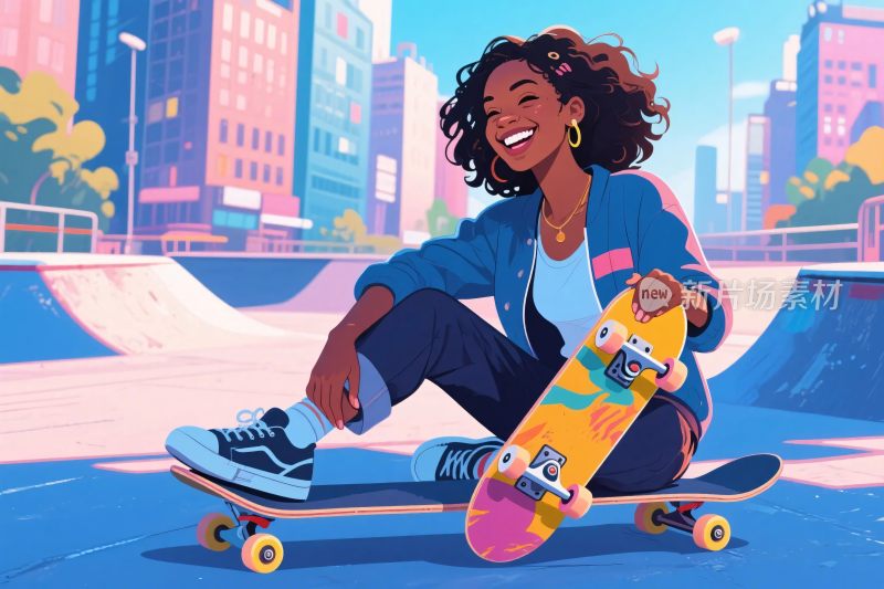 城市滑板女孩插画