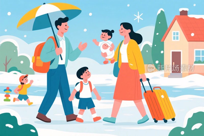 冬日家庭出游插画