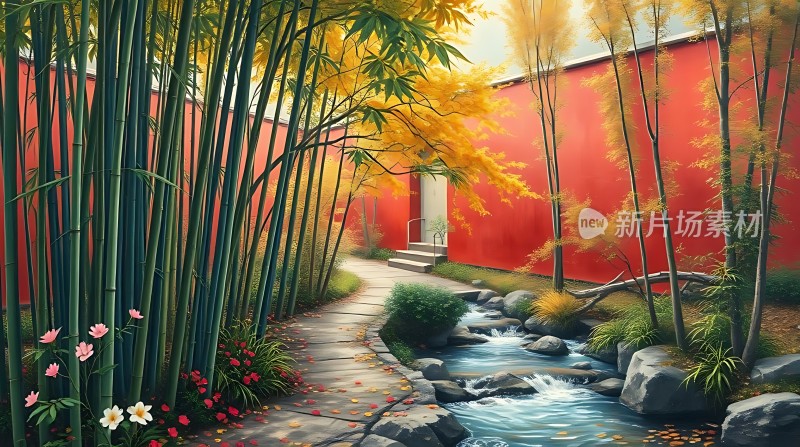 竹影斑驳小径幽红墙映水映秋光