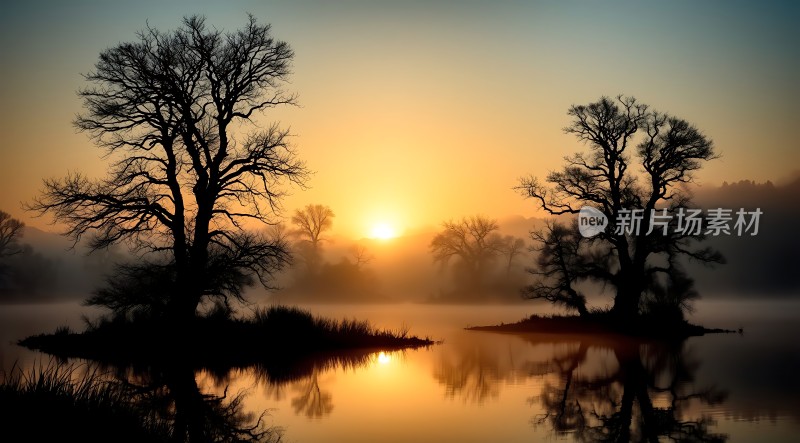晨雾中的湖畔树影