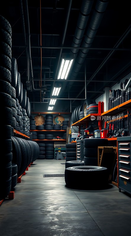 轮胎仓库整齐排列的轮胎和工具