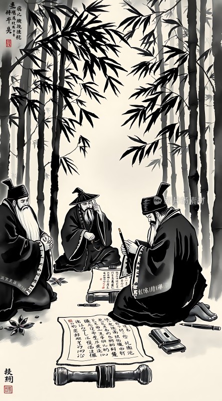 竹影下的三位智者探讨人生哲理