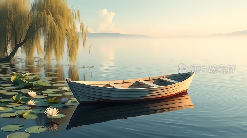 湖畔轻舟映水莲