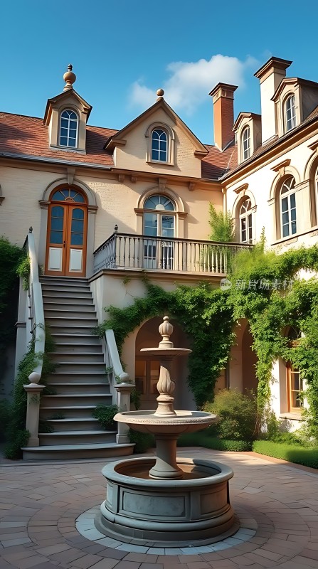 阳光下的欧式建筑喷泉庭院