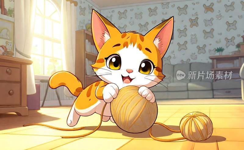 阳光下的猫咪与毛线球