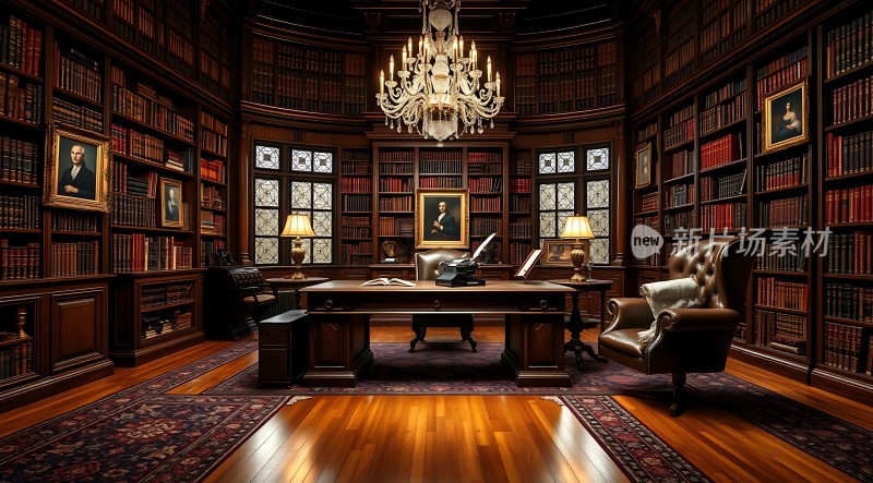 古典书房书架、吊灯与地毯尽显奢华