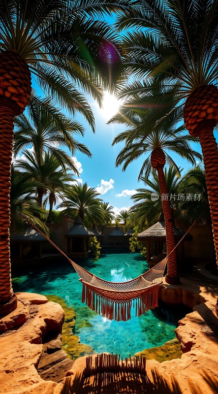 阳光下的热带风情吊床与泳池