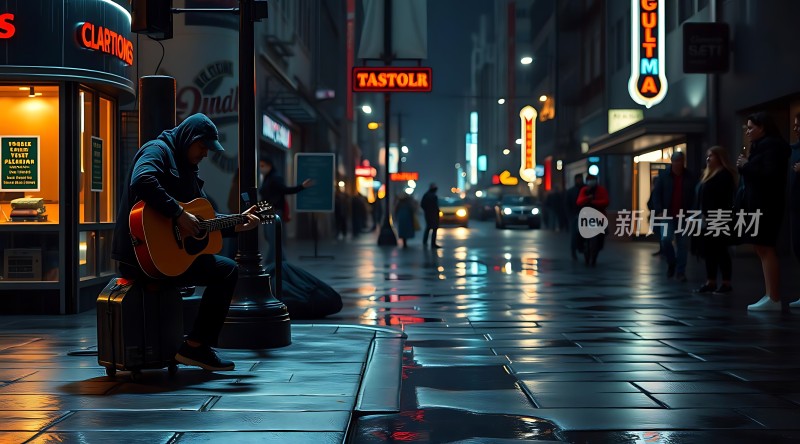 街头吉他手夜色中温暖的旋律