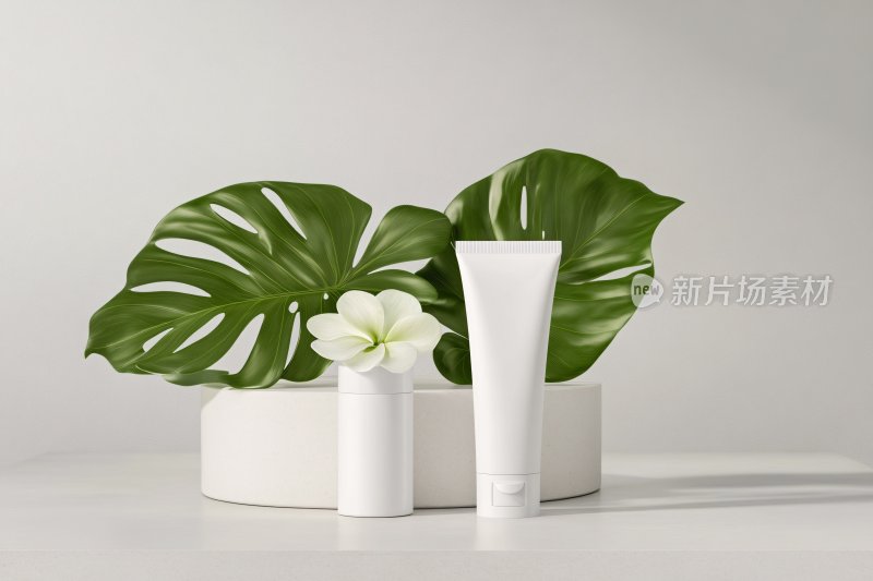 绿植旁的简约护肤品展示