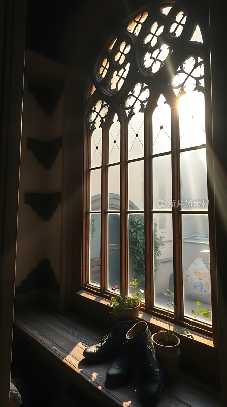 阳光下的复古窗户与皮鞋