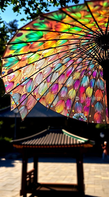 彩绘油纸伞下的古亭静立