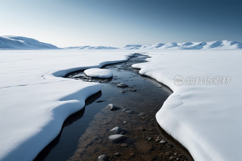 雪河穿过一片有岩石和雪的田野风光风景图片