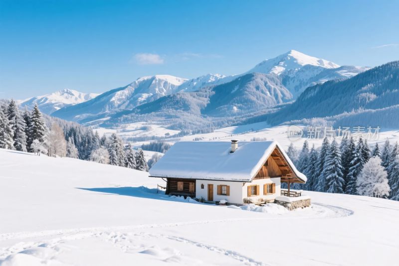 雪山木屋雪景图