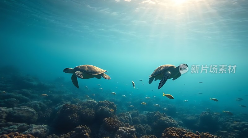 阳光下的海龟与珊瑚礁
