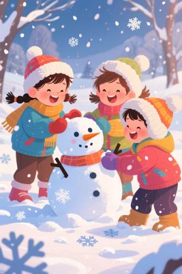 三个孩子堆雪人插画
