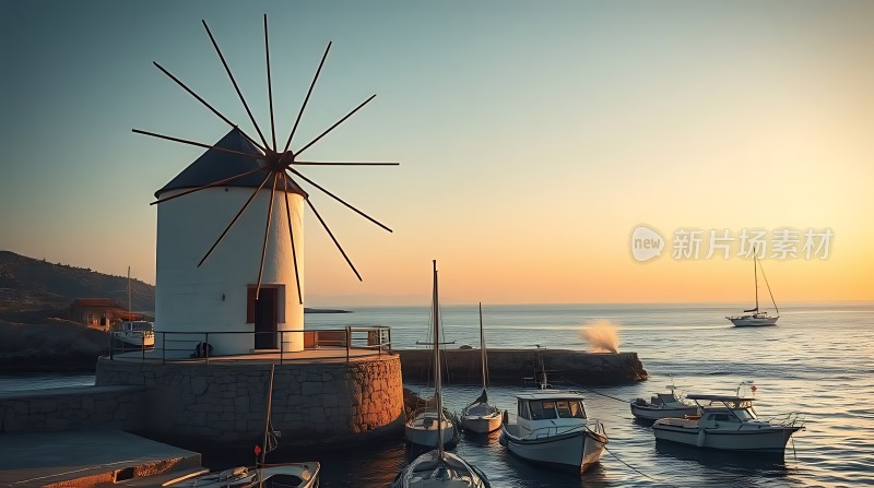 日落时分的海边风车与船只