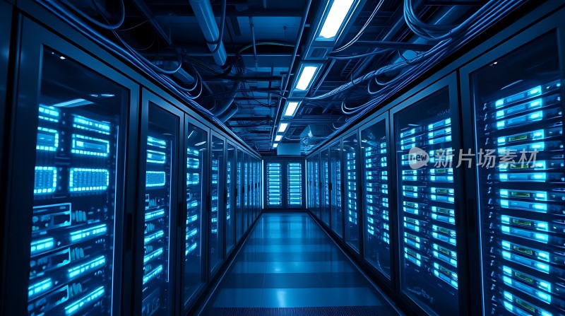 数据中心内部蓝色灯光下的服务器机架排列整齐