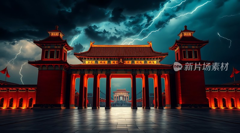 紫禁城之夜闪电下的皇家宫殿
