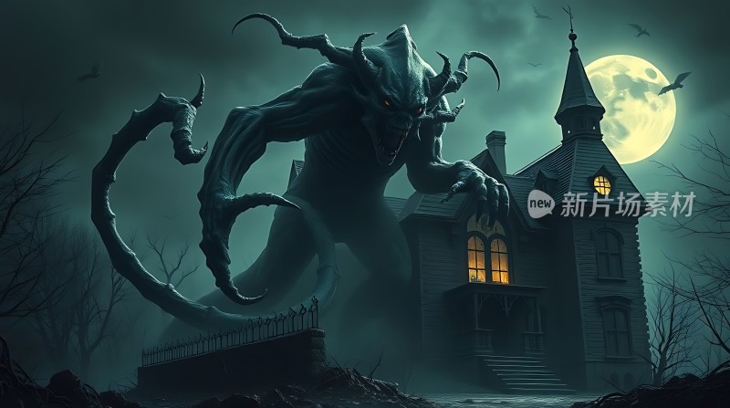 鬼影幢幢妖魔出没神秘房屋夜色中