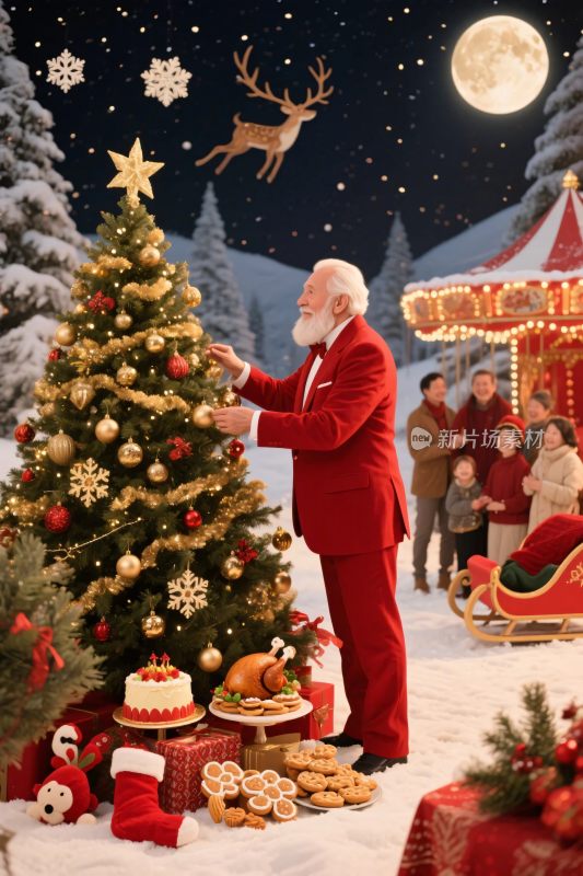 圣诞老人装饰圣诞树场景